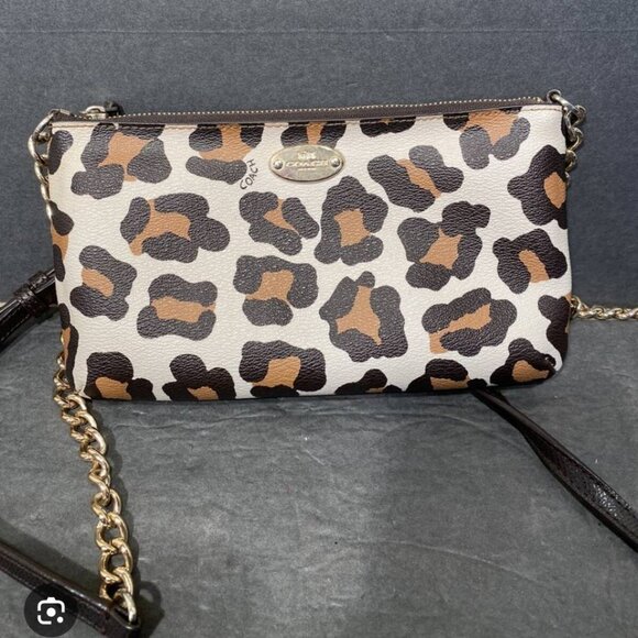 Coach Purse Ocelot Crossbody Small Leopard Print Leather Chain Shoulder Bag - Picture 2 of 4